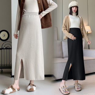 Maternity 2024 Autumn and Winter New Pregnant Women Simple Skirt Casual Knitted One-step Skirt Split Skirt