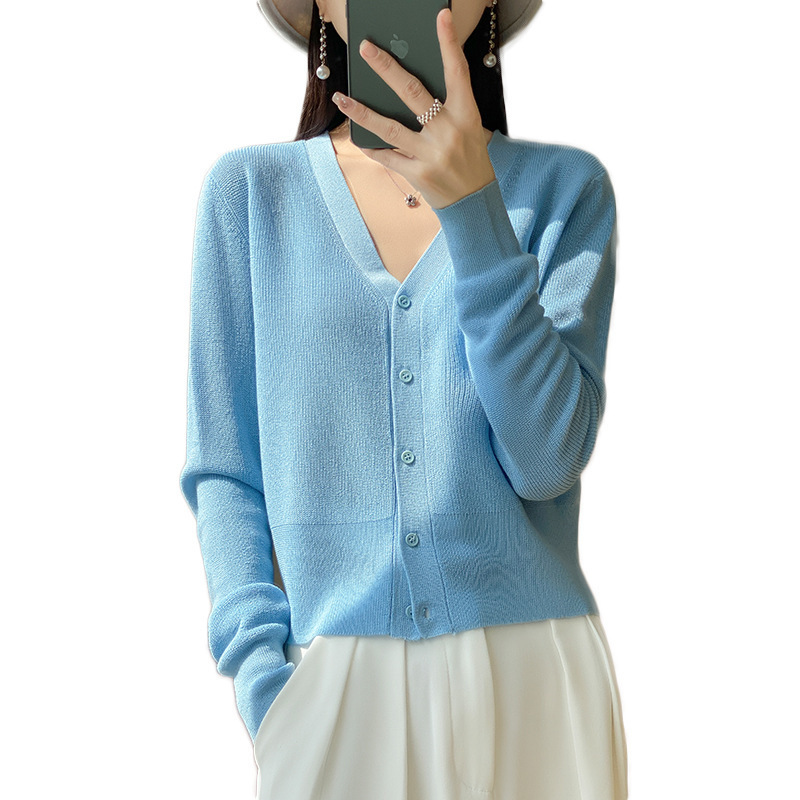2025春夏新作レディースv字襟ニットカーディガンシンプル純色百合ショート長袖コートブラウスファッション|undefined