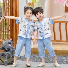 Children's ancient-style summer performance clothes for kindergarten, including Hanfu costumes with Tang poetry recitation and choir performance for the June 1st Children's Day.