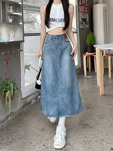 High-waisted denim skirt for women spring and autumn  new retro a-line mid-length slim hip skirt hot girl fashion