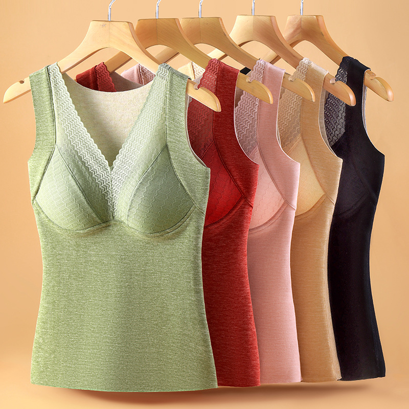 Sexy cuello en V de encaje de terciopelo chaleco térmico de las mujeres taza fija integrada de seda de Cachemira bottoming ropa interior térmica