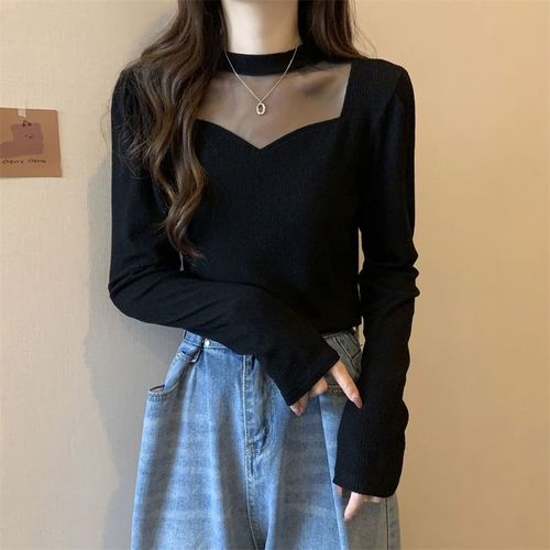 Thin mesh knit pure color women's clothing hidden belly button trick women's long sleeve t-shirt niche plus size base shirt