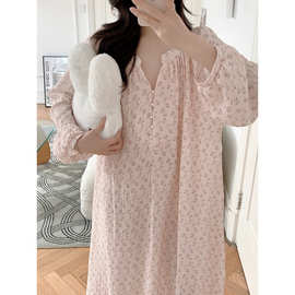 跨境专供秋装新款双层纱粉色小花朵V领珍珠扣花边短袖家居服睡衣