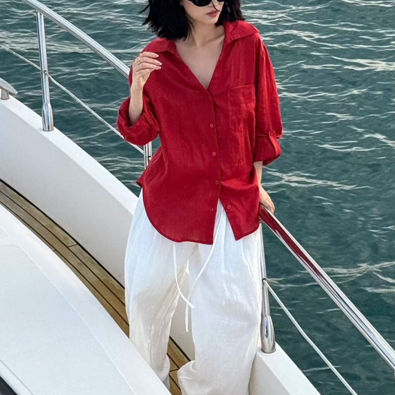 Áo sơ mi nữ linen tay ngắn phong cách nghỉ mát, thiết kế chống nắng thoải mái — màu đỏ chi tiết 2
