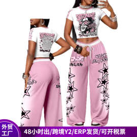 欧美露肚脐短袖阔腿裤两件套女TEMU爆款印花紧身辣妹上衣套装女装