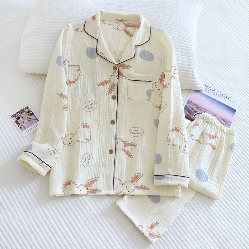 A variety of spring and autumn ladies home clothes wrinkled cloth pajamas set cotton comfortable cartoon long sleeve lapels wholesale one generation