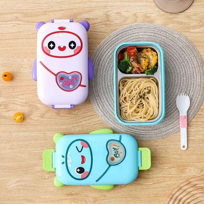 新款批发卡通饭盒儿童萌趣便当盒四锁扣防漏学生分格饭盒自带餐具