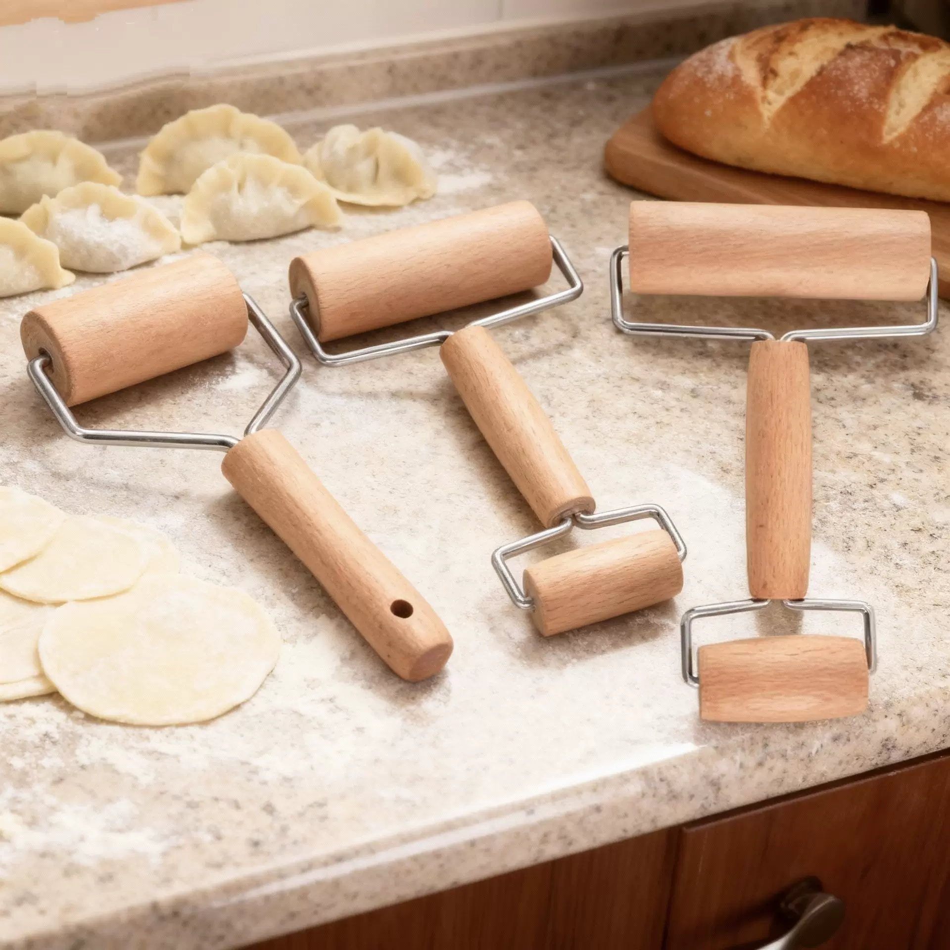 跨境双头滚轮擀面杖烘焙厨房面包饺子皮面粉手持实木擀面杖家用