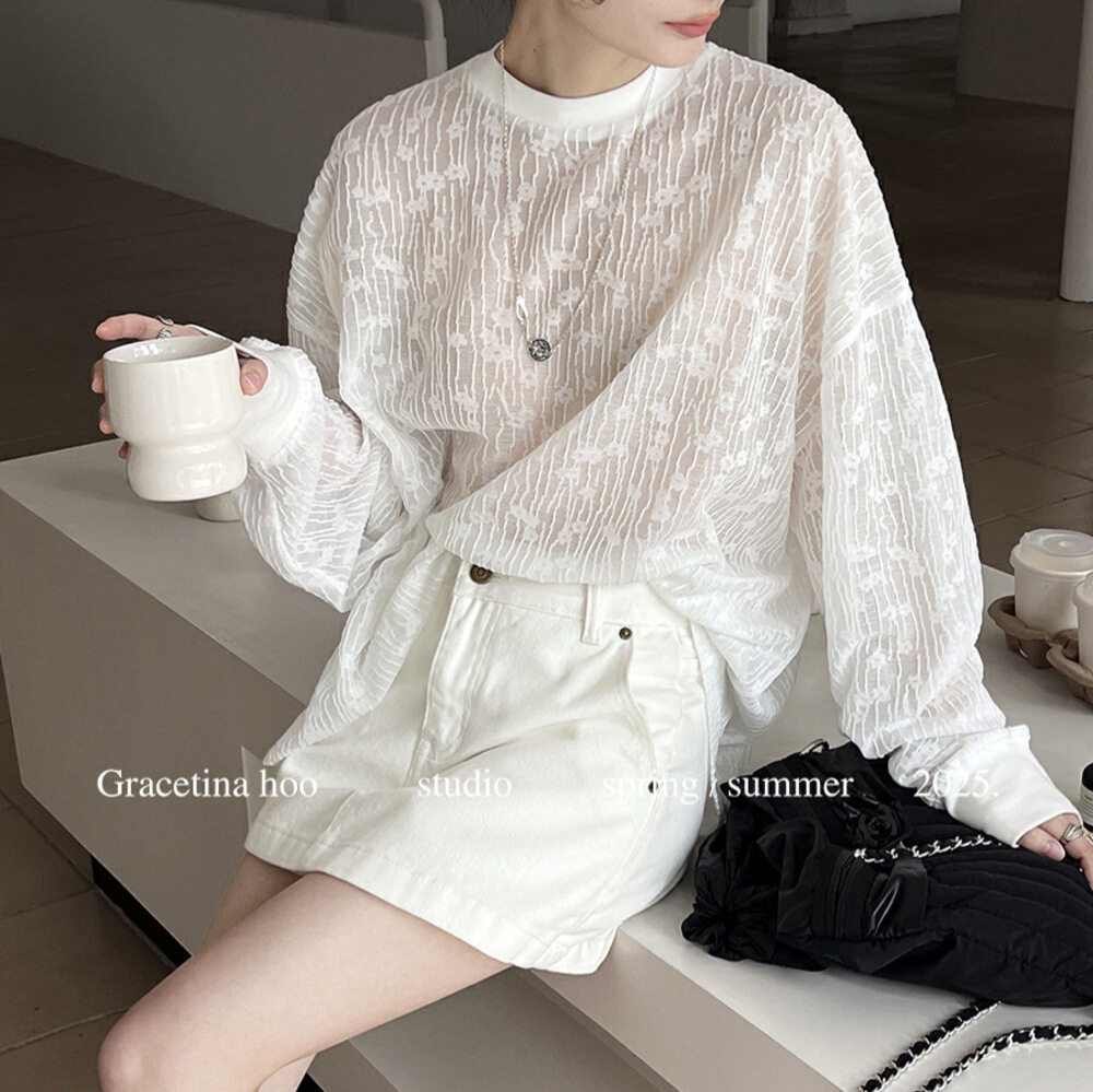 GRACETINAHOO早春极简法式宽松圆领暗纹提花蕾丝长袖T恤女  TB483