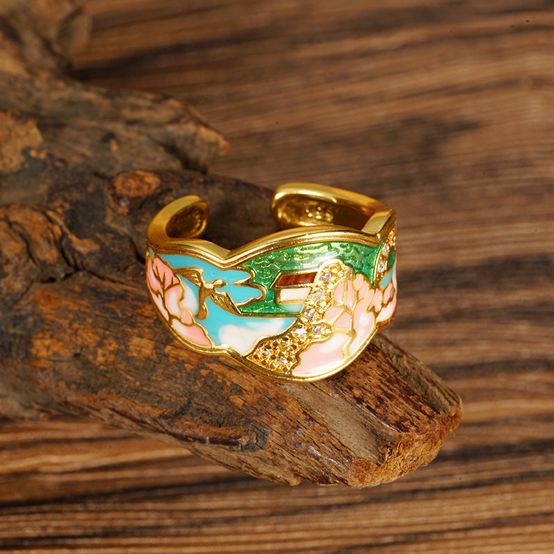 Anillo de oro de arena heredado esmalte goteo de aceite verde montaña verde agua bronce para hombres y mujeres joyas de mano chapadas en oro accesorios Yiwu al por mayor