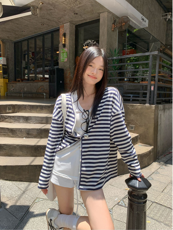 野媛藏蓝色条纹开衫外套女秋季防晒罩衫宽松韩系慵懒小众休闲上衣|undefined