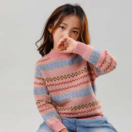 高品质儿童山羊绒针织衫男女童复古风宽松撞色羊绒毛衣半高领打底