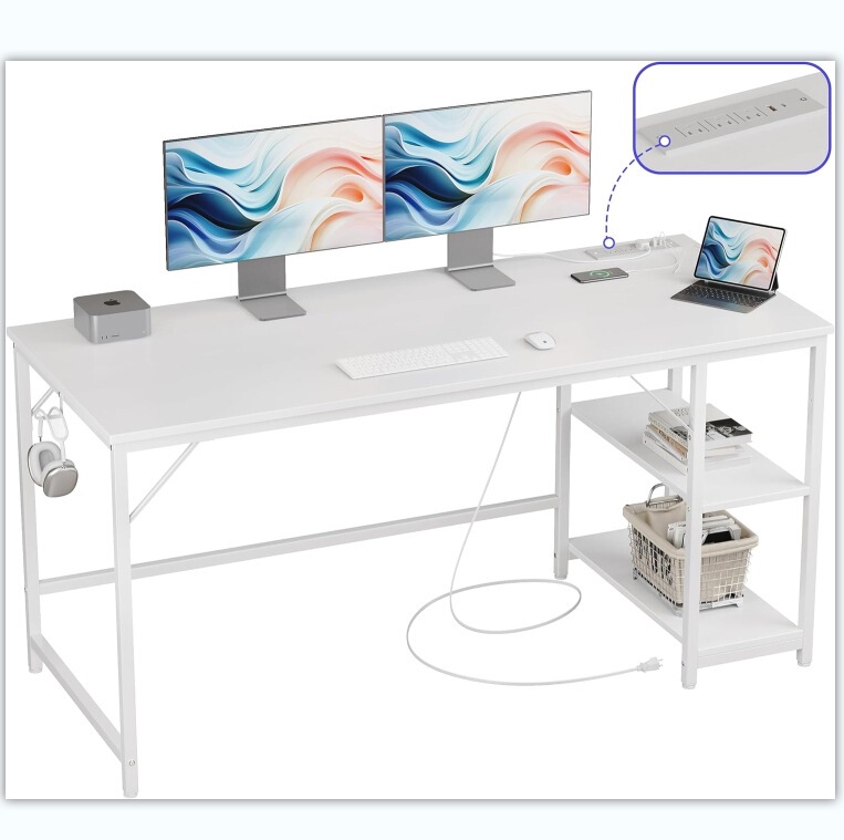 L-Shaped 60inch (about 152.4cm) Small Gaming White Computer Desk with Power Socket, Home