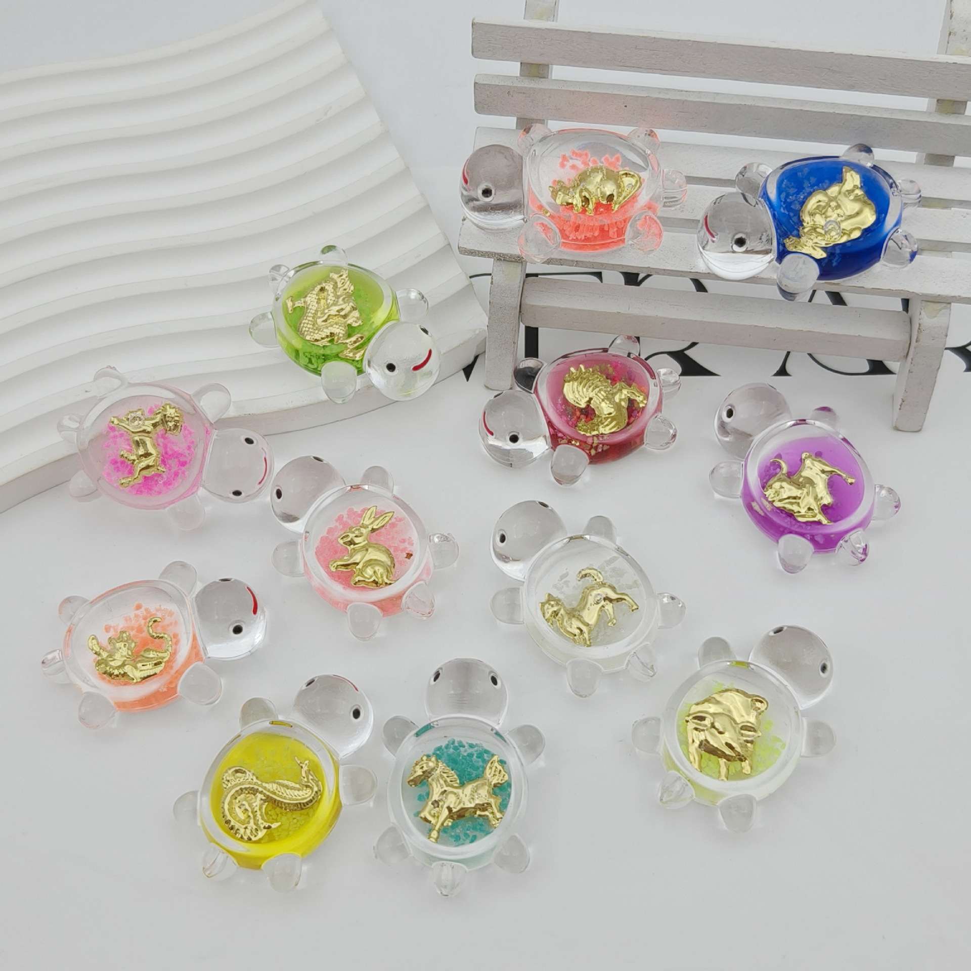 (2개) 귀여운 투명 DIY 유행 보석 장식품 아크릴 거북이 키 체인 데스크탑 장식품 블라인드 가방 장난감 쌍