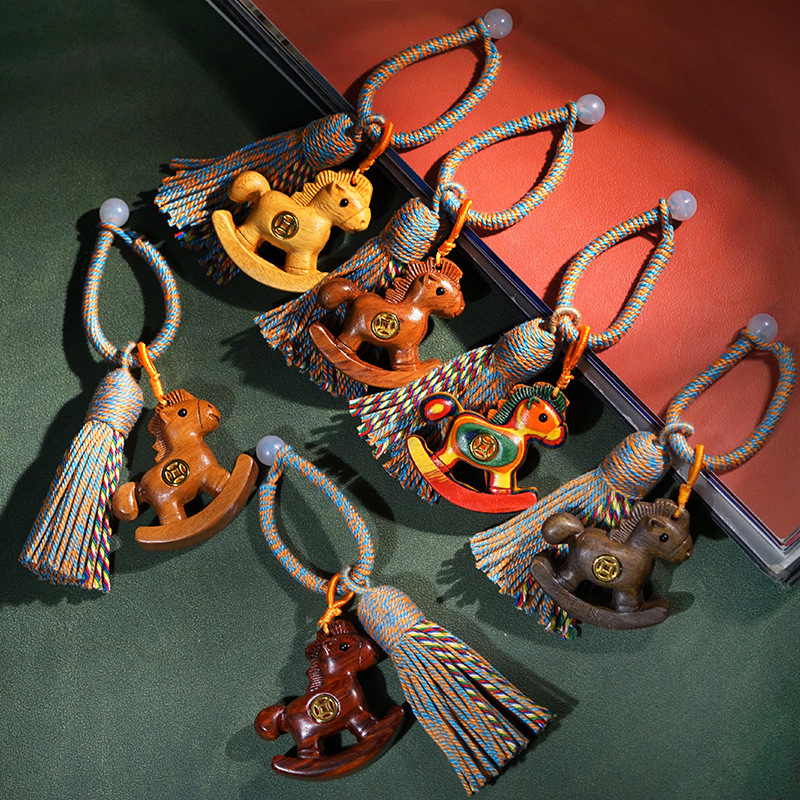 Wood Carving Rocking Horse Pendant Tassel Bag Hanging Ornament Zodiac Horse Keychain Woven Rope Wooden Craft