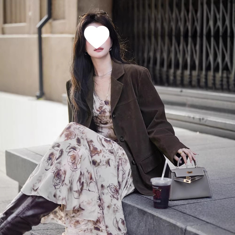 Plum Blossom [Mocha Rose] V-Neck Gradient Print Camisole Dress Women's Retro Sleeveless Long Dress