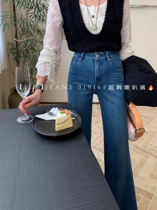 IEZ牛仔裤91916早秋新款韩版高腰四面弹气质显瘦不贴腿微喇叭裤女|undefined