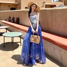 海边度假风蓝色印花露肩吊带上衣晕染阔腿裤两件套女夏季穿搭套装