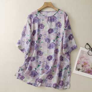 Real Shot of 2025 New Summer Cotton and Linen Printed Shirts for Women, Loose Mid-Length New Chinese Tops