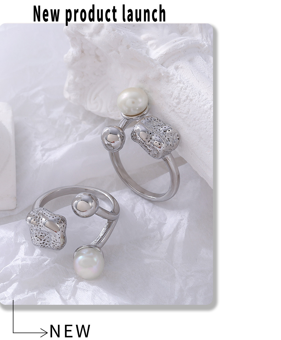 Quadratischer Zuckerring aus Titanstahl mit offener Öffnung und Imitationsperle, glatter, kugelförmiger, personalisierter Ring_voghion.com