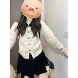 6260#春秋新款小香风毛衣外套女斑点撞色短款针织开衫别致短上衣