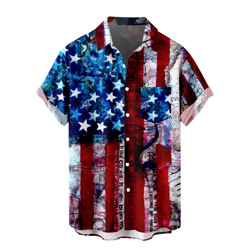 European and American Cross-Border Amazon Independent Station Hot Selling Men's American Flag Picture 3D Digital Printing Lapel Short-Sleeved Shirt