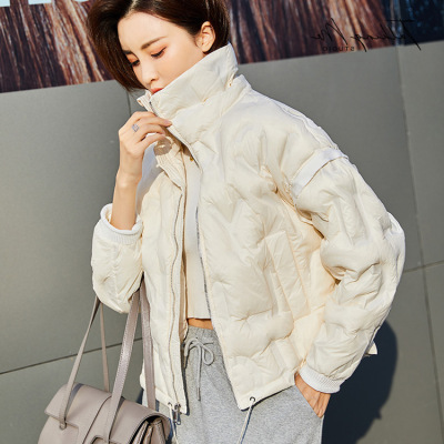 字母压胶短小款羽绒服女2021韩版新款90白鸭绒立领外套一件代发
