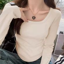 秋冬加绒方领不规则下摆长袖修身显瘦配西装内搭打底衫女百搭上衣