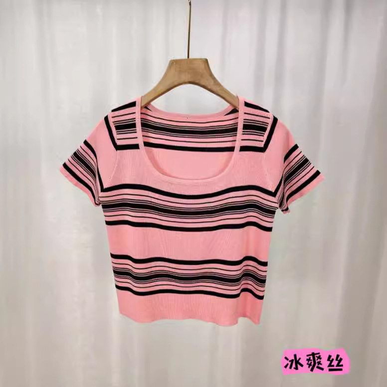 plus size Striped Knitted Sweater Women's 2024 Summer Dress Western-style Age-reducing Slimming Pure Desire Inner Shoulder T-shirt Top Tide
