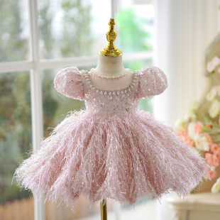 One Year Old Host Dress High-end Children Princess Dress Pink Flower Girl Wedding Girl Birthday Piano Performance Dress