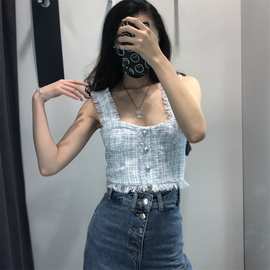 2021秋季新款亚马逊欧美女装批发小香风流苏外穿系扣吊带背心上衣