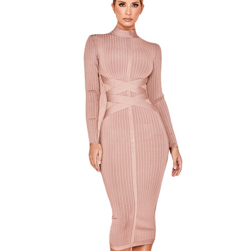 European and American Clothing Long-Sleeved Hip-Hugging Tight Sexy Stretch Dress Mid-Length Skirt Bandage Skirt Party Evening Dress Short Skirt