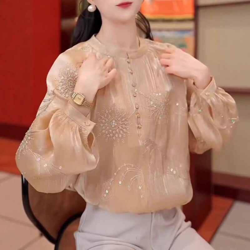 Dropshipping Fashion Champagne Sequin Long-Sleeve Shirt for Women, High-End Light Luxury, New Spring/Summer Versatile Loose Fit, New Chinese Style