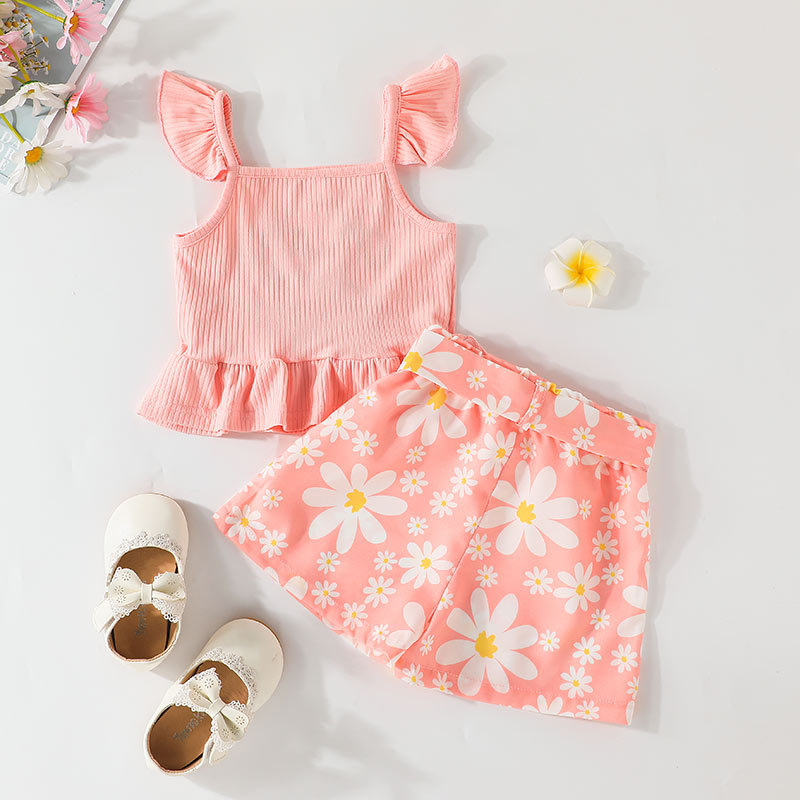 Letter Print Suspender Vest + Floral Shorts Children's Clothing Two-piece Suit display picture 2