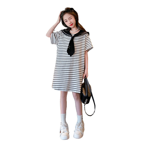 Girls' skirts, summer style, girls' navy style, big children's college style dresses, children's striped short-sleeved T-shirts, loose