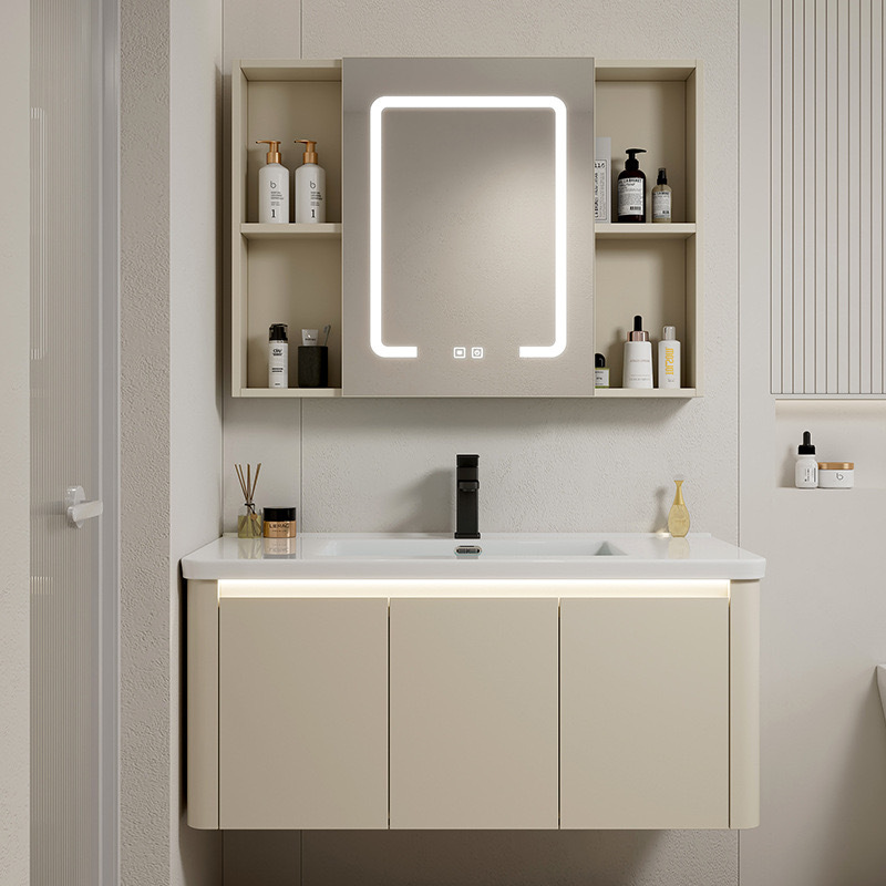 Armario de baño de esquina redondeada de aluminio espacial, combinación de lavabo de cerámica integrado, balcón, lavabo, lavabo, piscina de mesa de lavado