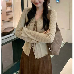 韩系温柔风系带长袖针女小众设计感时尚百搭显瘦别致上衣+半裙秋
