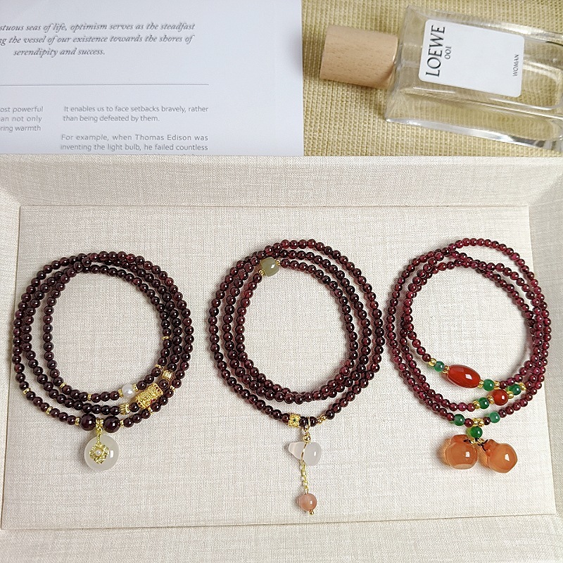 New Chinese Style Natural Wine Red Garnet Three-Circle Bracelet Light Luxury Fashion Hetian Jade Agate Gourd Pendant Bracelet