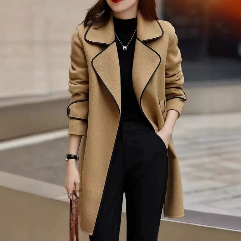 2025 новое осенне-зимнее модное свободное утягивающее пальто в корейском стиле с цветными блоками, однотонное, средней длины, из шерсти, для женщин.