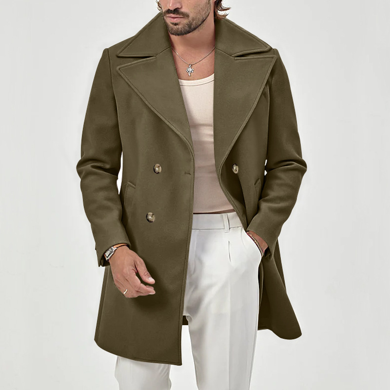 Men's suit collar medium length men's casual solid color versatile windbreaker coat_voghion.com