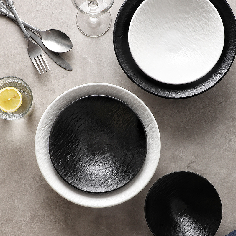 Vajilla de cerámica de patrón de roca tazón de alivio de color sólido en blanco y negro hogar tazón de arroz de alta apariencia tazón de sopa restaurante cubo tazón de fideos