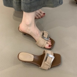 French-Style Niche High Heels 2025 Summer Elegant Nude Leather Buckle Open-Toe Strap Stiletto Sandals