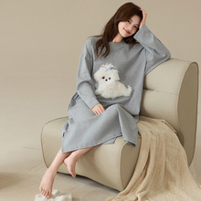 7A抗菌长款睡裙女春秋纯棉长袖家居服卡通可爱宽松大码睡衣可外穿