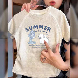 卡通印花短袖T恤夏季儿童蕾丝花边女童纯棉上衣收腰显瘦学生潮流
