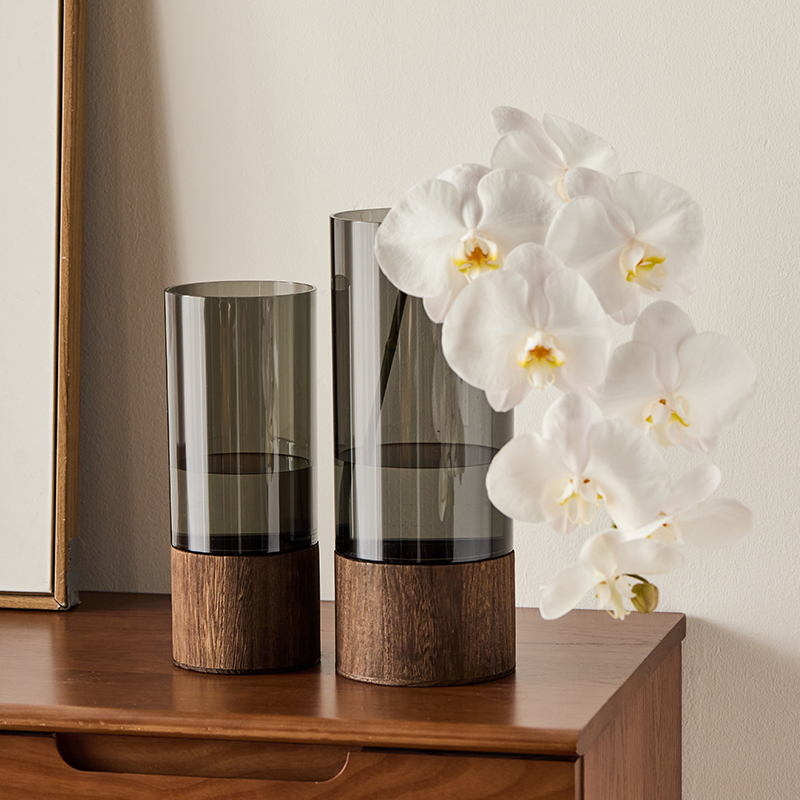 Jarrón de vidrio, soporte de madera chino, jarrón recto, arreglo floral en la sala de estar, decoración, lujo ligero, sentido avanzado, hidropónico de vidrio
