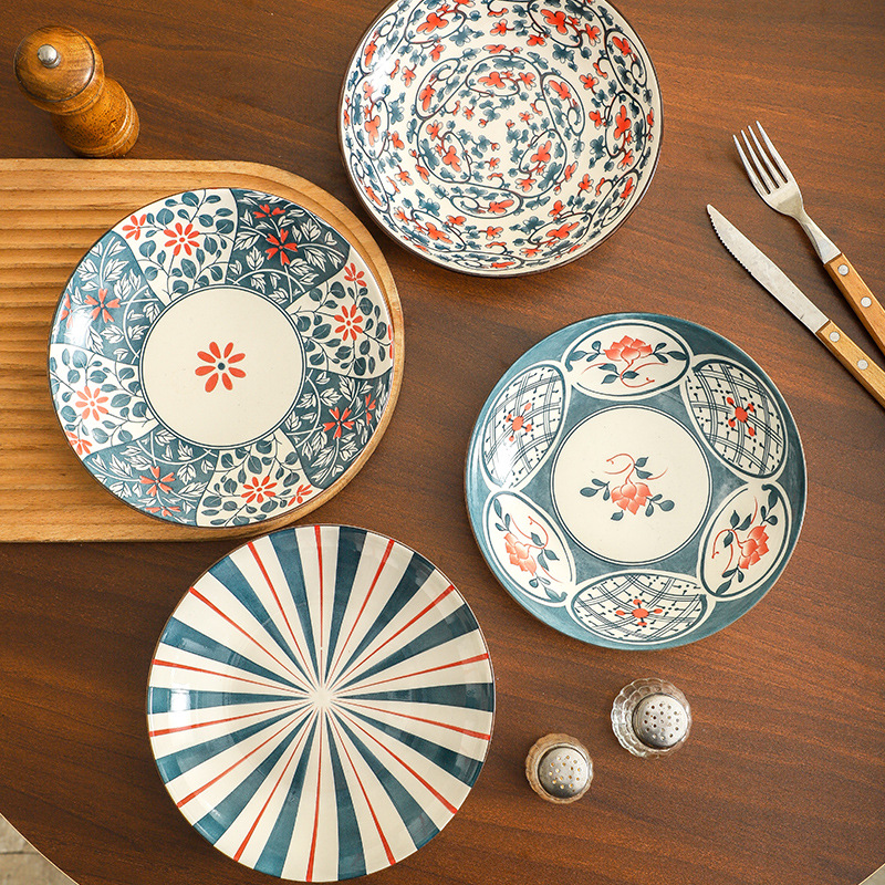 Plato de cerámica japonesa de bambú trenzado, platos de esmalte retro creativos transfronterizos, set de platos de color, regalo de apertura