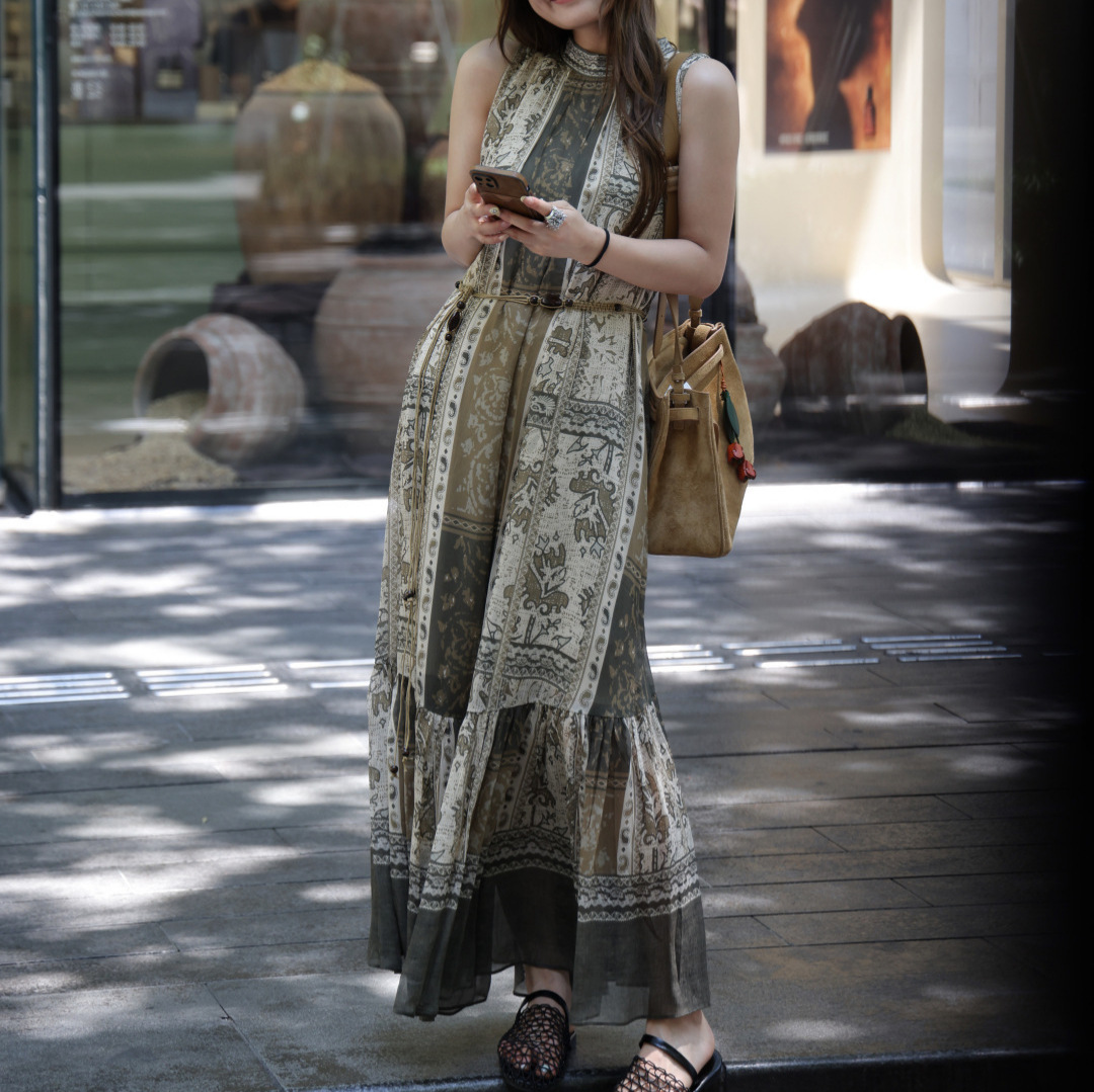 Old Money Style with a Laid-Back Vacation Vibe, Paired with a Hand-Woven Belt, Rayon Collar, and a Printed Dress with Patterned Hem