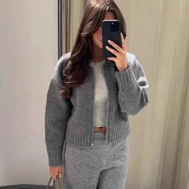 跨境欧美潮牌圆领开衫毛衣女y2k气质通勤风拉链外套宽松百搭上衣