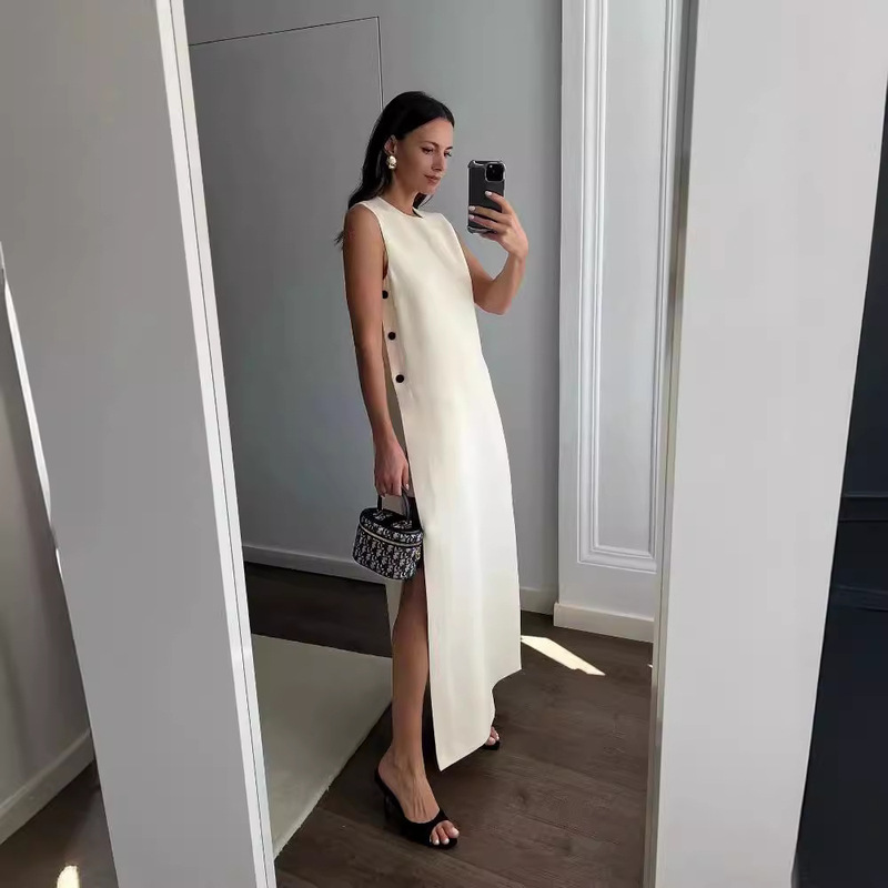 2024 Europe and America Amazon Foreign Trade Cross-border Solid Color Long dress Split Women's Vest Women's Casual Retro Autumn