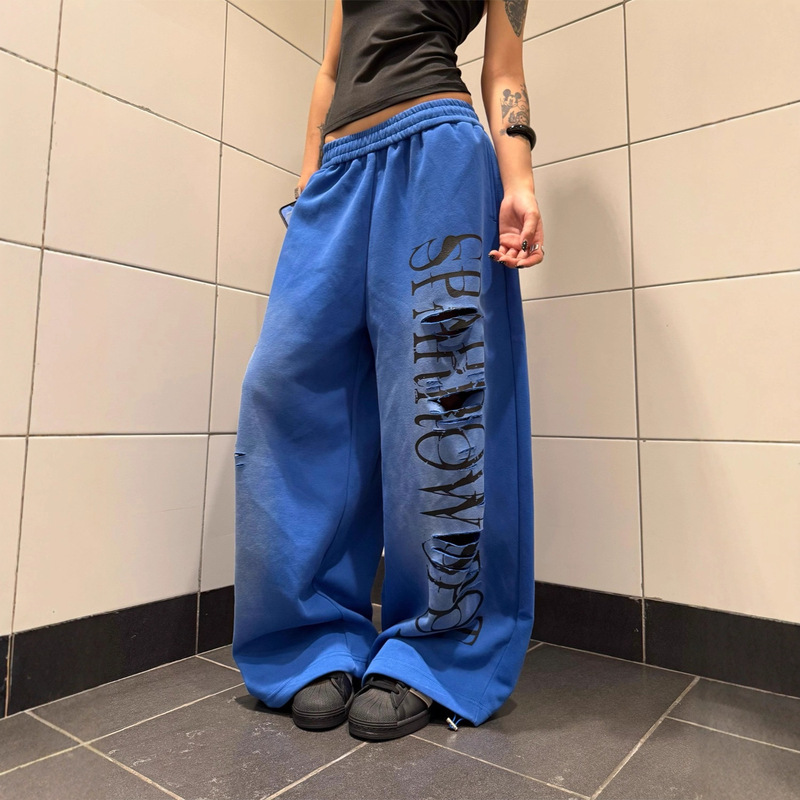 Versatile Vintage Jazz Dance Straight-Leg Pants American Style Ripped Letter Print Drawstring Wide-Leg Sweatpants Women Loose Casual Versatile Vintage Jazz Dance Straight-Leg Pants American Style Ripped Letter Print Drawstring Wide-Leg Sweatpants Women Loose Casual